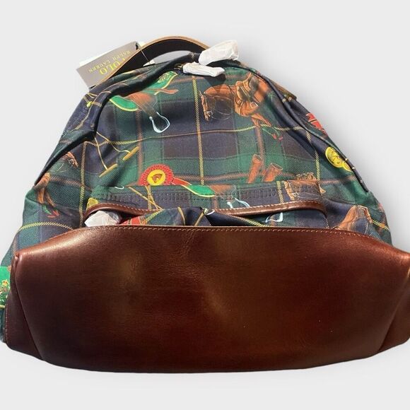 Polo Ralph Lauren Equestrian Backpack Plaid Leather Logo Icons Canvas Backpack - Picture 3 of 10